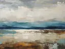 Rustige grijsblauwe horizon, abstract schilderij