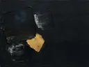 Abstract schilderij, ruwe materie aan de linkerrand in antraciet en goud