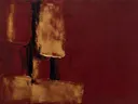 Abstract schilderij, ruwe materie aan de linkerrand in bordeaux en brons