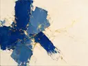 Abstract schilderij, ruwe materie aan de linkerrand in delftsblauw en goud