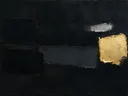 Abstract schilderij, ruwe materie aan de rechterrand in antraciet en goud