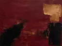 Abstract schilderij, ruwe materie aan de rechterrand in bordeaux en brons