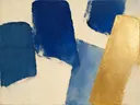 Abstract schilderij, ruwe materie aan de rechterrand in delftsblauw en goud