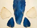 Abstract schilderij, ruwe materie in het midden in delftsblauw en goud