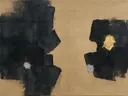 Abstract schilderij, ruwe materie in twee massa's in antraciet en goud