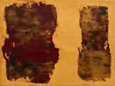 Abstract schilderij, ruwe materie in twee massa's in bordeaux en brons