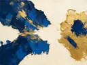 Abstract schilderij, ruwe materie in twee massa's in delftsblauw en goud