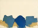 Abstract schilderij, ruwe materie laag in beeld in delftsblauw en goud