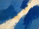 Abstract schilderij, ruwe materie op de diagonaal in delftsblauw en goud