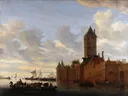 S Flussmündung Stadt van Salomon van Ruysdael: stad met stadstoren, rivier, schepen en kade, in warm bruin met blauw