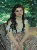 's Zomers van Pierre-Auguste Renoir: portret met jonge vrouw, lang haar, gestreepte rok en bladeren, in diep groen met roze