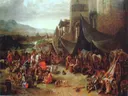 Sack of Rome of 1527 van Johannes Lingelbach: figuren met plundering, menigte, tenten en ruïnes, in donker roodbruin