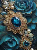 Schilderij van een gouden broche met saffier op turquoise rozen