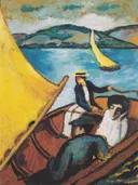 Sailing boat on the Tegernsee van August Macke: zee met zeilboot, meer, water en mensen, in blauw met geel