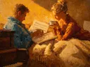 Impressionistisch schilderij van een paar bij de piano met koffie