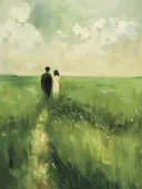 Schilderij van een stel dat hand in hand door een groen veld loopt.
