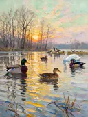 Samenkomst aan de waterkant, schilderij met verschillende dieren