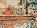 Samois, circa 1900, lot van Paul Signac: zee met schip, rivier, bomen en oever, in fel oranje met groen