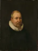 Samuel van Lansbergen (d. 1669), Remonstrant Minister in Rotterdam van Bartholomeus van der Helst: portret met man, molensteenkraag en zwarte mantel, in donker met wit