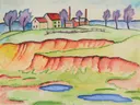 Sandgrube 1911 van August Macke: landschap met zandafgraving, huizen, bomen en weiland, in roze, groen en blauw