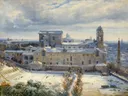 Santa Trinità dei Monti in the Snow, 1825 1830 van André Giroux: stad met sneeuw, kerk, gebouwen en winter, in wit met beige