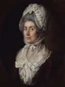 Sarah Dupont van Thomas Gainsborough: portret met vrouw, kanten muts, strik en oudere dame, in donker bruin met wit