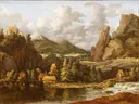 Scandinavian Caprice van Allaert van Everdingen: landschap met rivier, rotsen, bergen en waterval, in warm bruin met blauw
