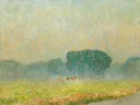 Scène champêtre van Emile Claus: landschap met veld, bomen, avondlicht en weide, in okergeel en roze