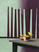 Schilderij van schaal met fruit in aubergine en mint, in vlakke kleurvlakken