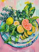 Schilderij van een bord met citroenen, grapefruit en verse kruiden.