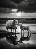 Schaap een teder moment, de oever, met een spiegeling in het water, een dreigende luchten met een sepia-gloed, zwart-wit