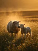 Schaap een teder moment, een bloemenweide, een gouden namiddagzon
