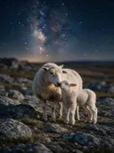 Schaap een teder moment, een rotsachtig hoogland, een heldere sterrenhemel