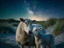 Schaap een teder moment, de duinen, een heldere sterrenhemel