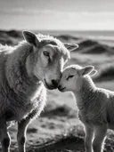 Schaap een teder moment, de duinen, het felle tegenlicht van de ondergaande zon, zwart-wit