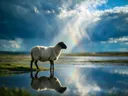 Schaap en profil, de oever, met een spiegeling in het water, een fris moment na de regen
