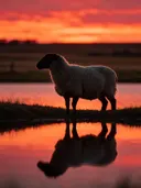 Schaap en profil, de oever, met een spiegeling in het water, een silhouet tegen een vurige zonsondergang