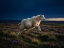 Schaap in beweging, een wilde heide, de laatste gloed vlak voor de nacht
