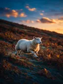 Schaap in beweging, een varenhelling, een blauw-oranje schemering