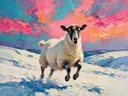 Schaap in beweging in de sneeuw, schilderij van schaap