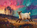 Schaap in beweging tussen de bomen, schilderij van schaap