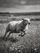 Schaap in beweging, een bloemenweide, volle herfstkleuren, zwart-wit