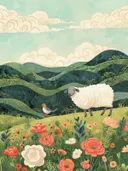 Schaap en vogel in een groene heuvelvallei met bloemen op de voorgrond