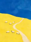 Schilderij van schaap in citroengeel en kobalt, in vlakke kleurvlakken