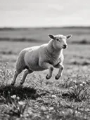 Schaap in de sprong, een bosrand, een fris lentemoment, zwart-wit