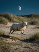 Schaap in de sprong, de duinen, het blauwe uur met een maansikkel