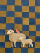 Schilderij van schaap in delfsblauw en mosterd, in vlakke kleurvlakken