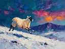 Schaap in diep beweging in de sneeuw, schilderij van schaap