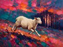 Schaap in diep beweging tussen de bomen, schilderij van schaap
