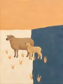 Schaap in diep grijsblauw en abrikoos, schilderij van schaap
